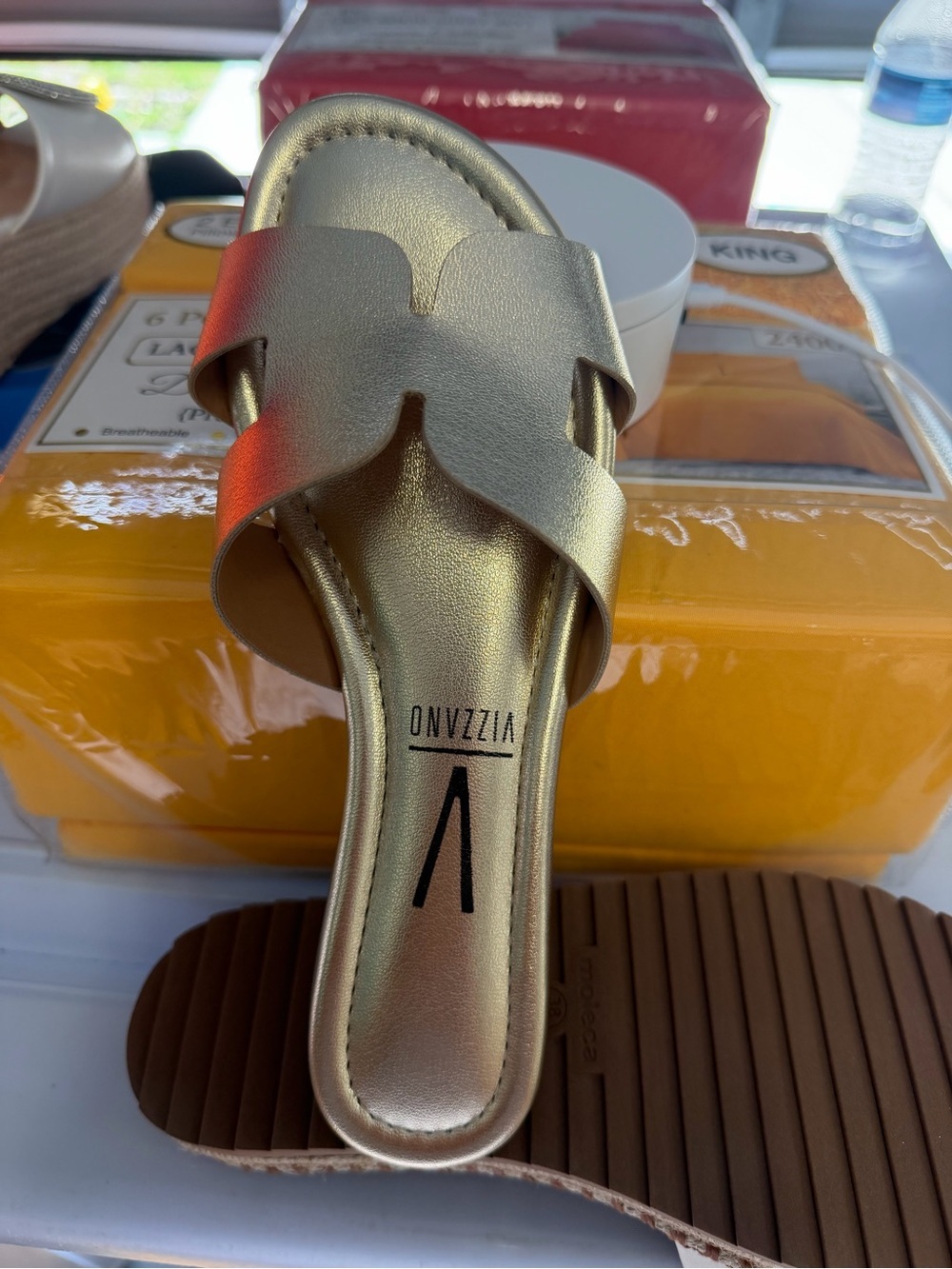 VIZZANO Gold Slide Sandals - Women’s Metallic Slip-On I have all the numbers